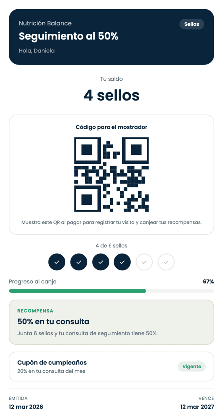 Tarjeta de lealtad digital de un consultorio con sellos por consulta