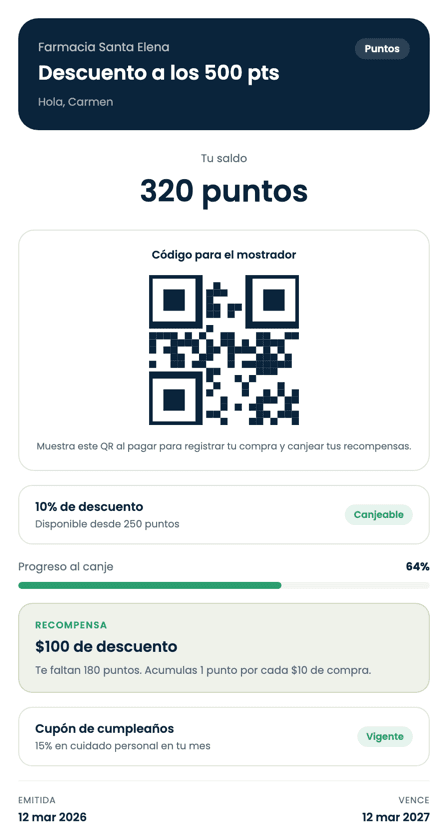 Tarjeta de lealtad digital de una farmacia con puntos por compra