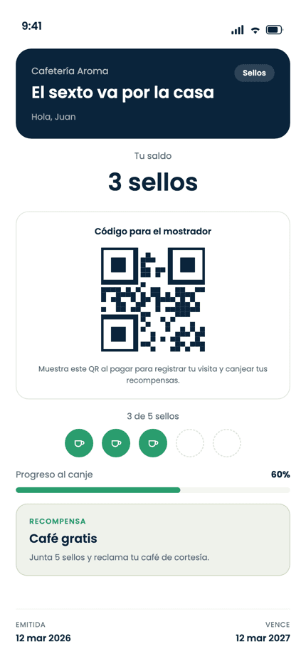 Tarjeta de lealtad digital del cliente con código QR y sellos acumulados