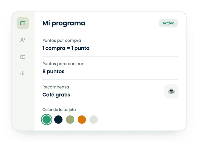 Configuración de un programa de puntos con su recompensa y el color de la tarjeta