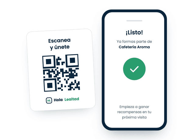 Letrero con código QR en el mostrador y celular confirmando el registro del cliente