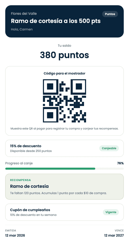 Tarjeta de lealtad digital de una florería con puntos por compra