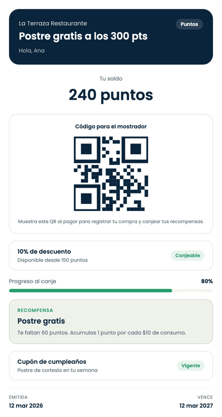 Tarjeta de lealtad digital de un restaurante con puntos por consumo