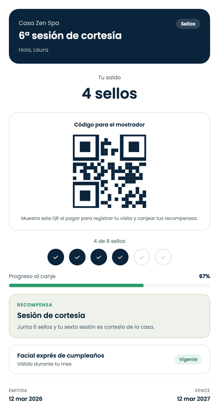 Tarjeta de lealtad digital de un spa con sellos por sesión