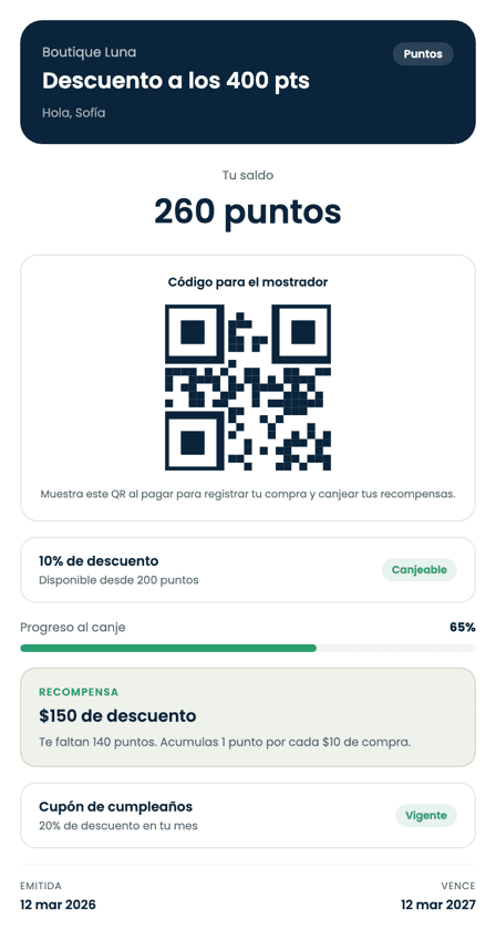 Tarjeta de lealtad digital de una tienda con puntos por compra