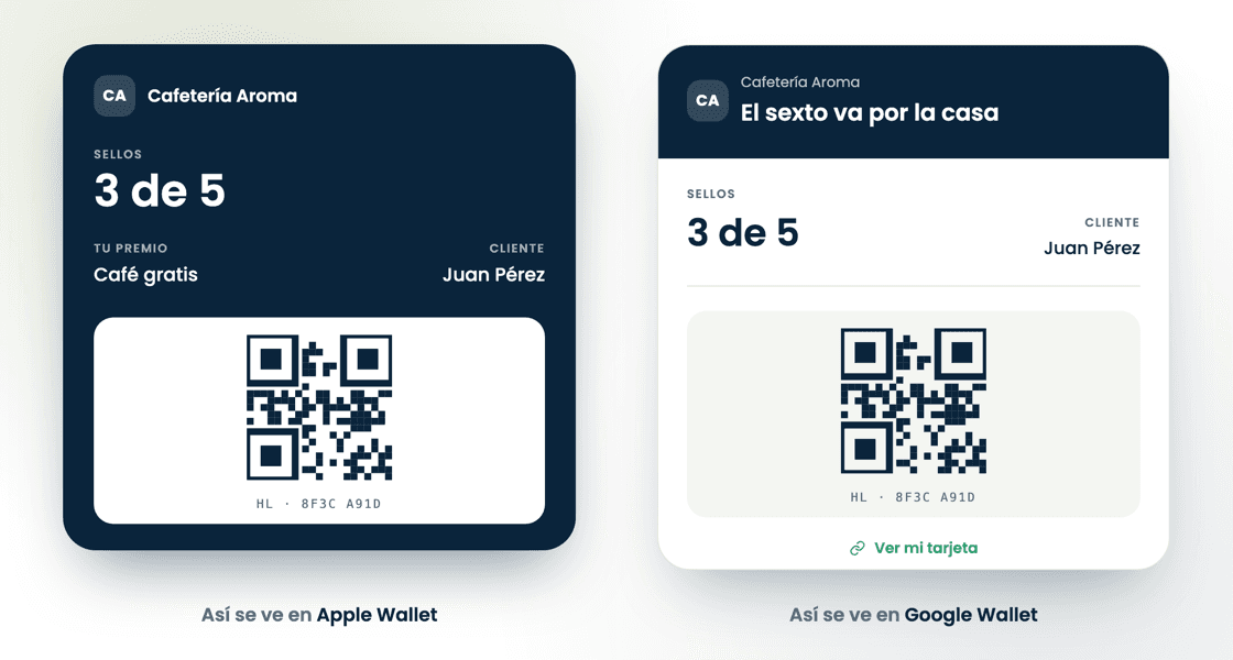 Tarjeta de lealtad de un negocio guardada en Apple Wallet y en Google Wallet, con los sellos acumulados y el código QR