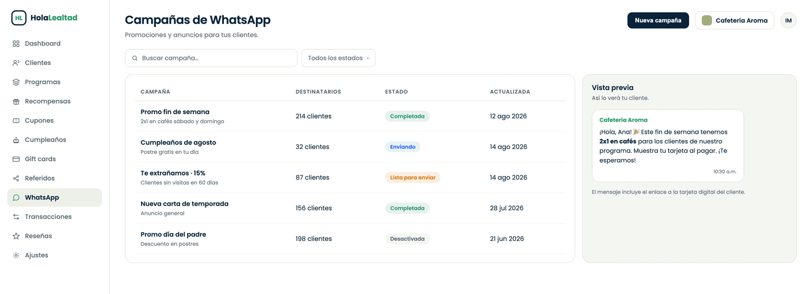 Panel de campañas de WhatsApp con lista de campañas, estados y vista previa del mensaje